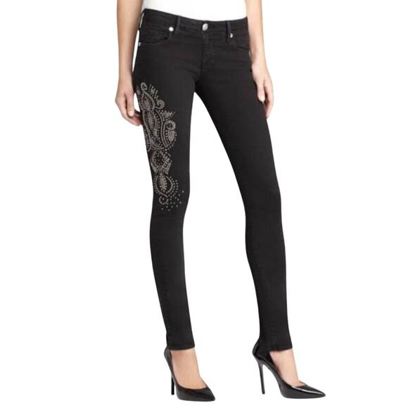 True Religion Black Low Rise Rhinestone Studded Bling Jude Skinny Jeans 24 USA - Picture 1 of 13